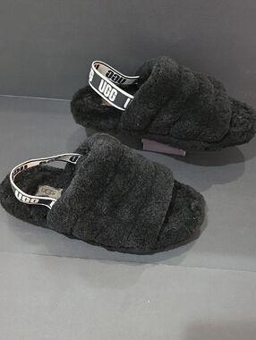 UGG Black Plush Slingback Shearling Slides